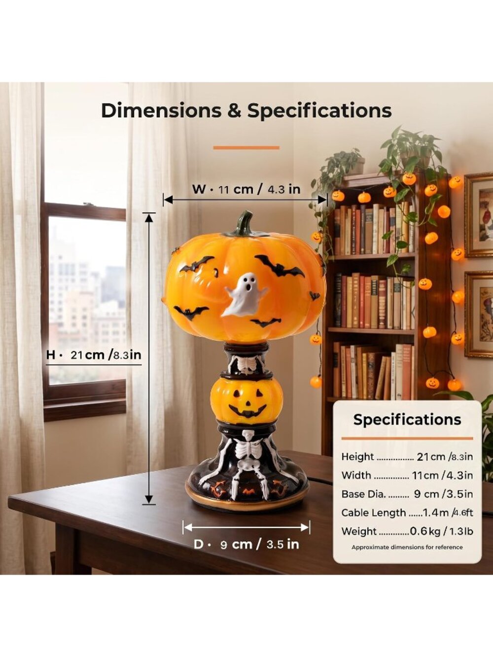 New Hand-Painted Halloween Pumpkin Night Light Gothic Resin Table Lamp Decor - Picture 4 of 6